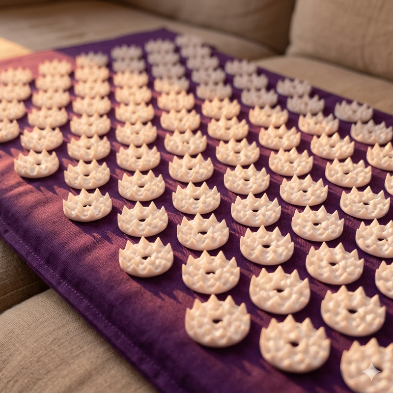 Nahaufnahme der Amavea Akupressurmatte in Violett mit hunderten kleinen weißen Spitzen